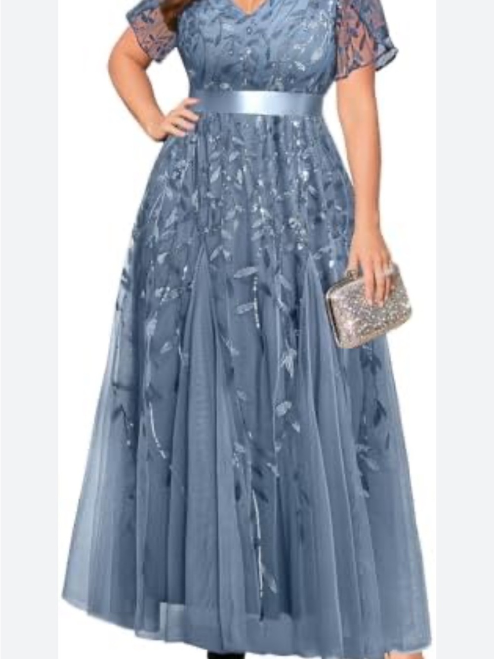Embroidered Dusty Blue Tulle Maxi Dress with Satin Waist